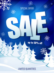 Winter sale up to 50 percent. Paper style text on the background of winter snow forest. Christmas poster to advertise the store. Vector vertical promo banner.