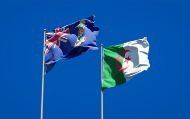 Beautiful national state flags of Algeria and Cayman Islands together at the sky background. 3D artwork concept.