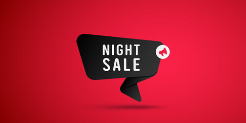 Night sale text with loudspeaker. Light banner. Vector illustration