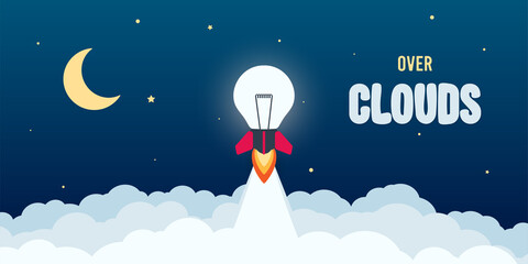 Rocket bulb launch in the sky flying. Business concept. Simple modern cartoon design in flat style