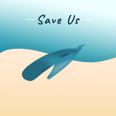 A blue dead stranded whale on sand beach vector for climate change and global warming campaign