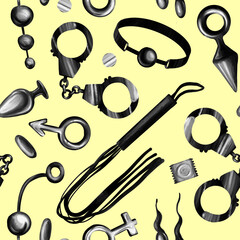 Seamless pattern for adults, sex shop, game accessories, toys for adults, handcuffs, whip, dildo. Design of packaging, textiles, wallpaper, postcards.