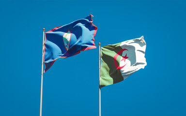 Beautiful national state flags of Algeria and Guam together at the sky background. 3D artwork concept.