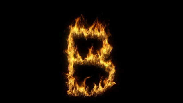 3D animation of the letter b on fire with alpha layer