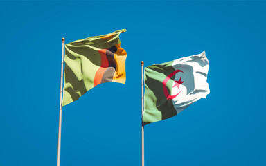 Beautiful national state flags of Zambia and Algeria together at the sky background. 3D artwork concept.