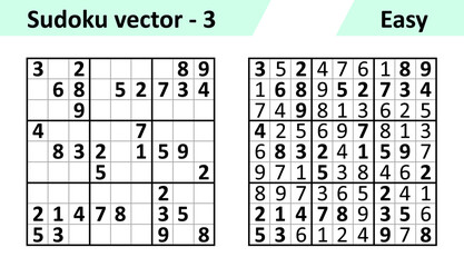 Sudoku game with answers. Simple vector design set Sudoku. Blank template. Complexity of the task is easy.