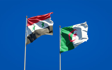 Beautiful national state flags of Syria and Algeria together at the sky background. 3D artwork concept.