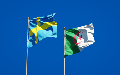 Beautiful national state flags of Sweden and Algeria together at the sky background. 3D artwork concept.