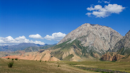 View of the Alay or Alai mountain range in southern Kyrgyzstan in the Gulcha valley on the road between Sary Tash and Osh