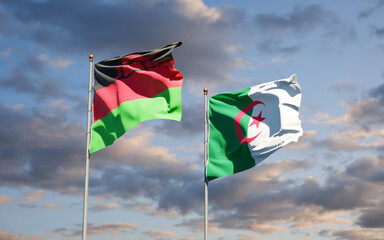 Beautiful national state flags of Malawi and Algeria together at the sky background. 3D artwork concept.