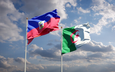 Beautiful national state flags of Haiti and Algeria together at the sky background. 3D artwork concept.