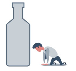 Sick drunk man on the knees beside the bottle of wine. Concept flat vector illustration of alcohol addiction. Vector flat design illustration.