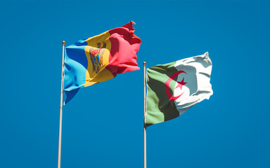 Beautiful national state flags of Moldova and Algeria together at the sky background. 3D artwork concept.