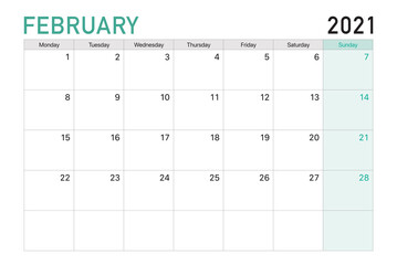 2021 February illustration vector desk calendar weeks start on Monday in light green and white theme
