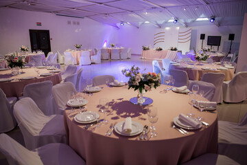 food and decor on a wedding table in a restaurant