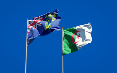 Beautiful national state flags of Pitcairn Islands and Algeria together at the sky background. 3D artwork concept.