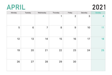 2021 April illustration vector desk calendar weeks start on Monday in light green and white theme