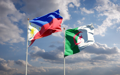 Beautiful national state flags of Philippines and Algeria together at the sky background. 3D artwork concept.
