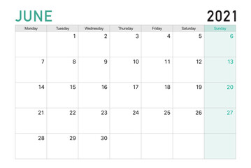 Fototapeta 2021 June illustration vector desk calendar weeks start on Monday in light green and white theme obraz