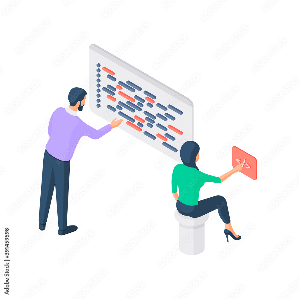 Wall mural man and woman writing program code together