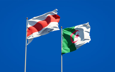 Beautiful national state flags of New Belarus and Algeria together at the sky background. 3D artwork concept.