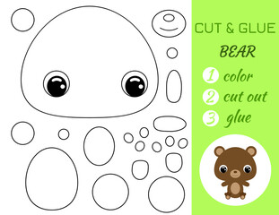 Simple educational game coloring page cut and glue sitting baby bear for kids. Educational paper game for preschool children. Color, cut parts and glue on paper. Vector stock illustration.