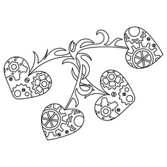 A steampunk coloring book . Hand drawn Intertwined hearts . Mechanical parts, gears . Valentine's day coloring pages. Vector template design