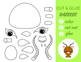 Simple educational game coloring page cut and glue sitting baby gazelle for kids. Educational paper game for preschool children. Color, cut parts and glue on paper. Vector stock illustration.