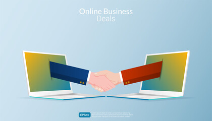 Online business deals with laptop concept. Two businessman doing virtual handshakes symbol. Flat vector template illustration
