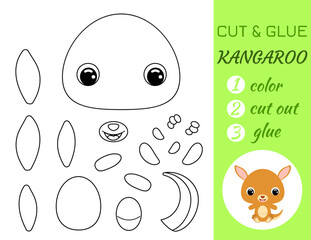 Simple educational game coloring page cut and glue sitting baby kangaroo for kids. Educational paper game for preschool children. Color, cut parts and glue on paper. Vector stock illustration.