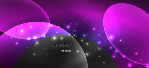 Neon ellipses abstract backgrounds. Shiny bright round shapes glowing in the dark. Vector futuristic illustrations for covers, banners, flyers and posters and other