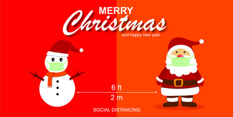 COVID-19 And Social Distances With Cute Christmas Cartoon Characters. Santa claus and snowman wearing a flat mask Protection from the coronavirus. - Vector