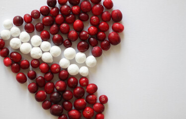 Wild cranberries, top view, paths. Cranberry in a heart shape on white background. Decoration. White and red. Latvia. Flag