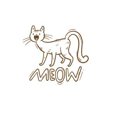 Card with  cute cartoon meow cat.  Funny doodle kitten. Vector contour image. Playful animal print.