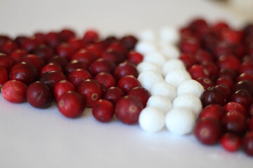 Wild cranberries, top view, paths. Cranberry in a heart shape on white background. Decoration. White and red. Latvia. Flag