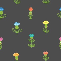 Seamless pattern with cutr cartoon peony on dark background. Floral print with blubells. Anthropomorphic vector flowers.