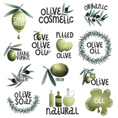 Stickers set olives, olive oil, organic nature illustration