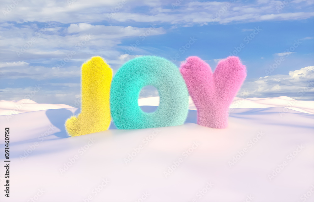 Poster Joy phrase with fluffy texture on winter background. Christmas and Happy new year concept. 3d render.