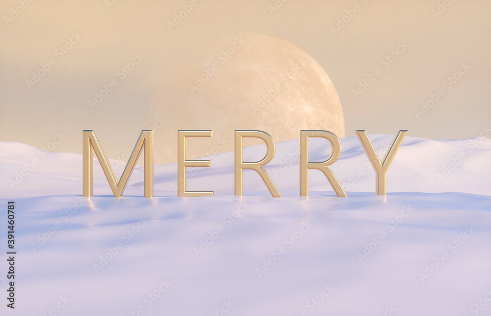 Poster golden merry phrase with full moon on winter background. christmas and happy new year concept. 3d re