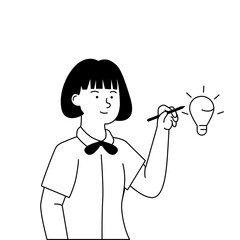 Flat Black and White Illustration of Girl Drawing Idea Concept