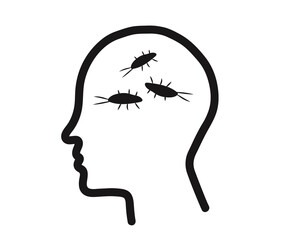 Silhouette of a head and cockroaches on a white background. Sketch. Vector illustration.