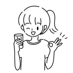 飲み物を飲んでOKサインをする女性のイラスト	
