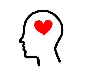 Silhouette of a head and a red heart on a white background. Sketch. Vector illustration.