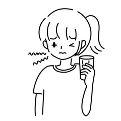 飲み物を飲んで苦しい顔をする若い女性のイラスト	
