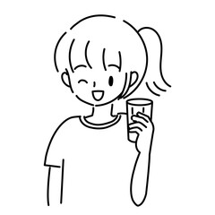 飲み物を飲んで喜ぶ若い女性のイラスト	
