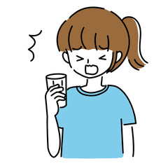 飲み物を飲んで驚く若い女性のイラスト