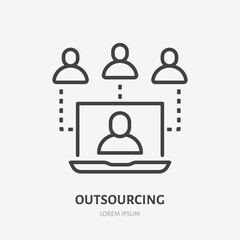 Outsource line icon, vector pictogram of video conference, online team work. Businessman in laptop screen stroke sign for webinar