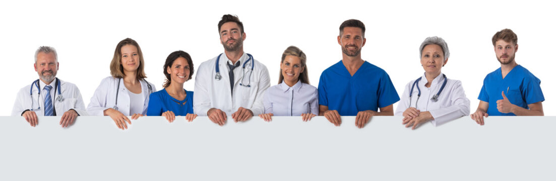 Group of doctors with blank banner