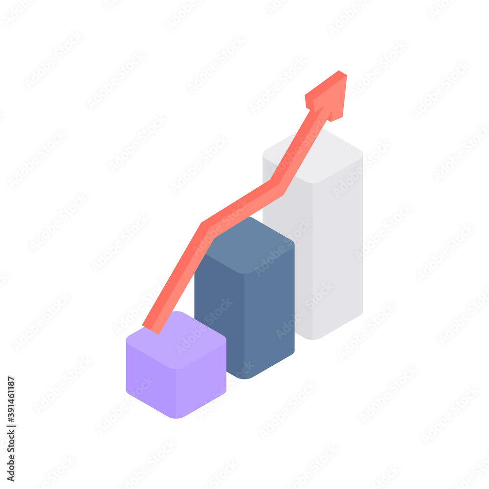 Poster infographic growth vector isometry. red graph arrow on statistical columns.
