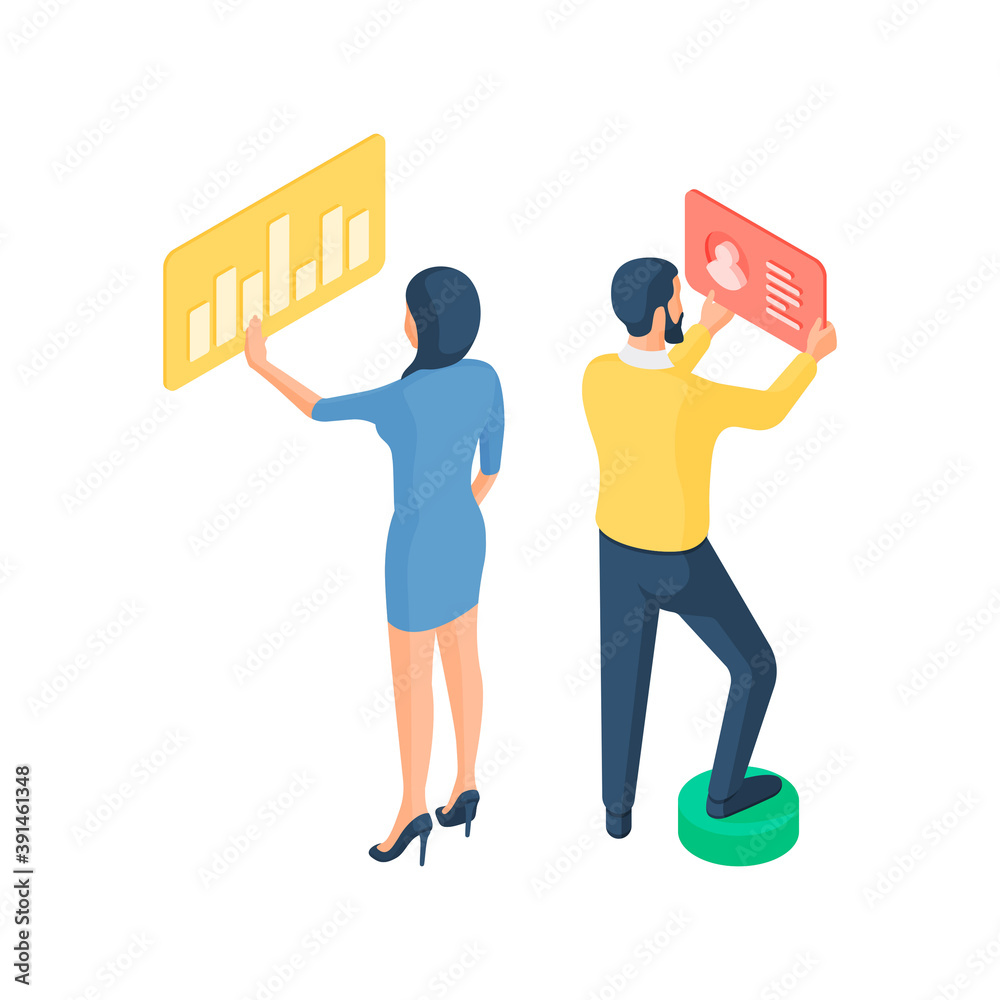 Poster programmers customize website performance isometric vector illustration. female and male characters 
